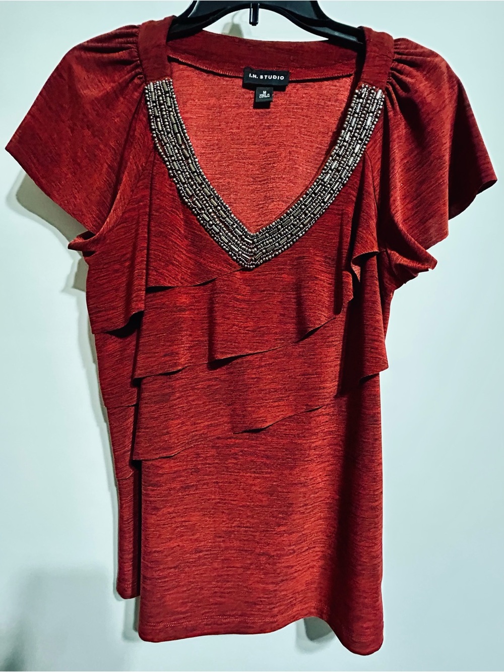 I.N. Studio Red Beaded V-Neck Ruffle Blouse